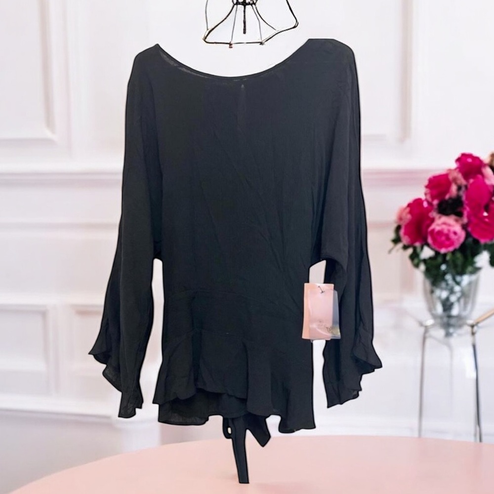 Cult of Design Ruffle Hem Tie Back Blouse Black Long Sleeve Top NWT Women’s XL